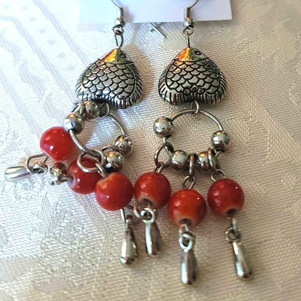 Fashion Silver-Toned  Fish and Bead Earrings